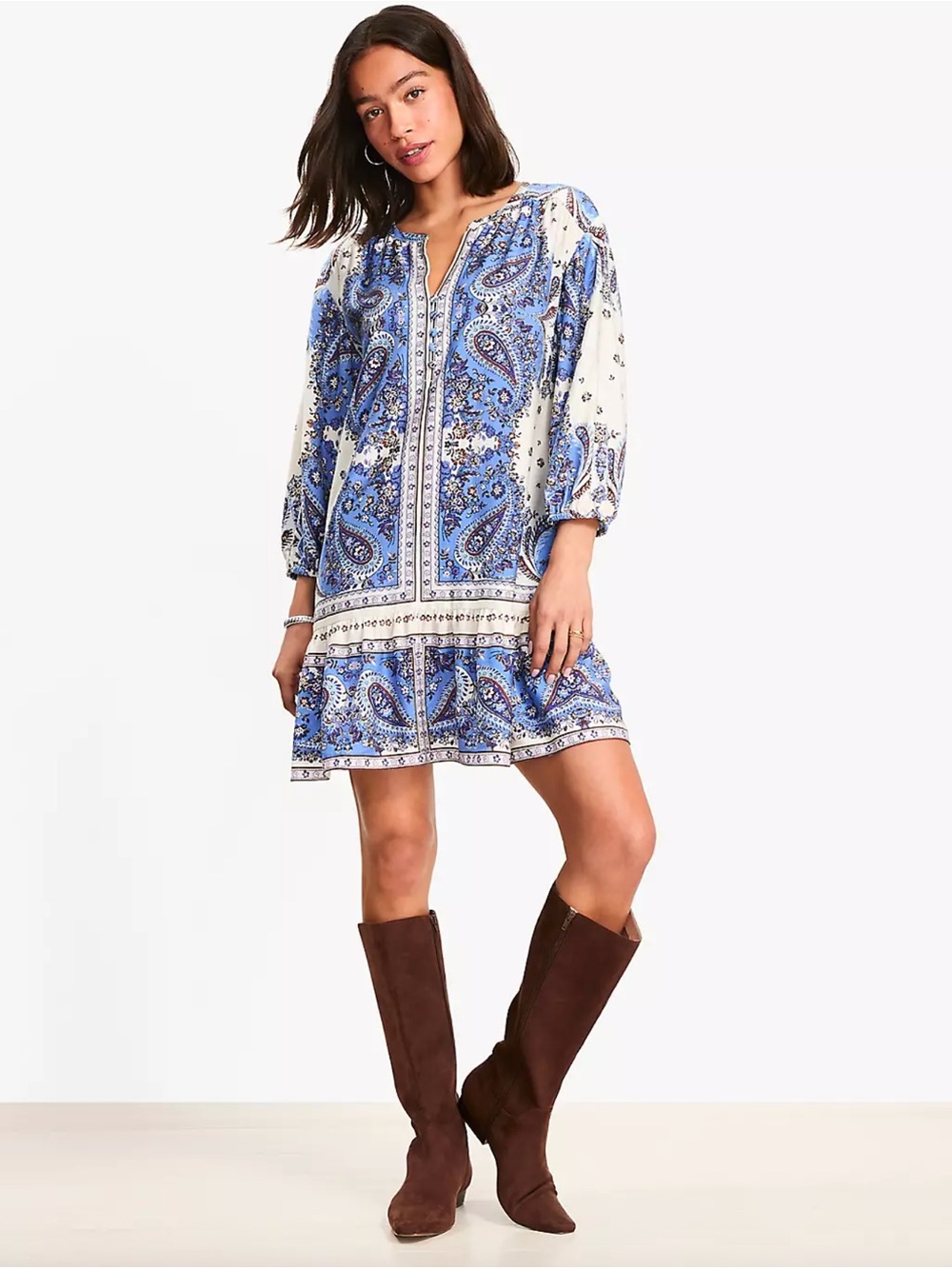 LOFT Blue and Cream Paisley Long-Sleeve Tunic Dress